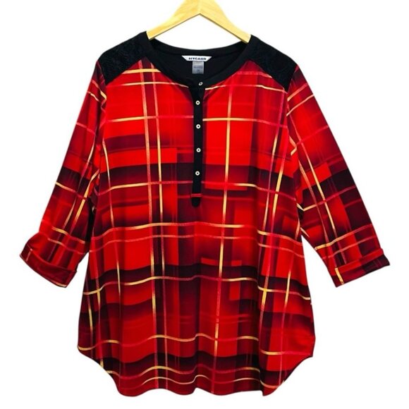 Peter Nygard Women’s Tops Size 2X Plus Red & Black Plaid Button Down half Shirt - Picture 1 of 12